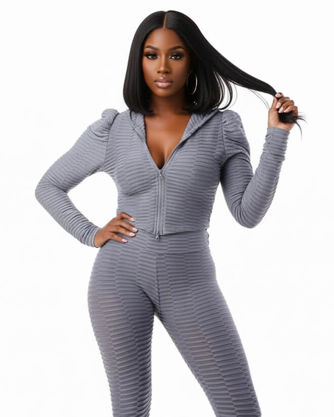 Busy & Paid Girl 2 pc pant textured set, Gray and Beige