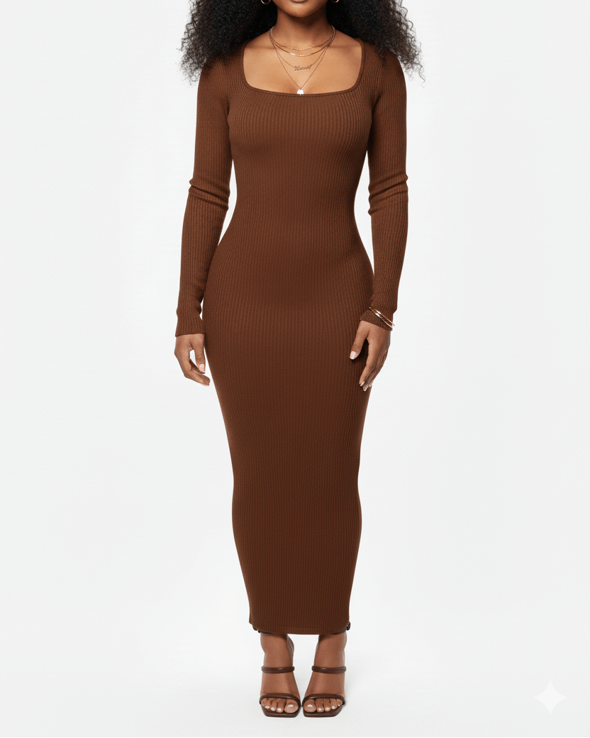 Woman wearing a brown dress on a white background