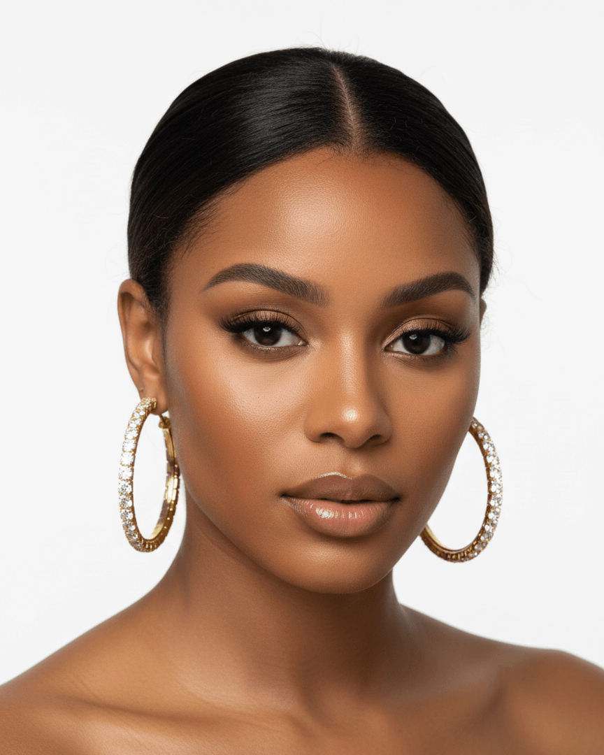Woman wearing gold hoop earrings against a neutral background