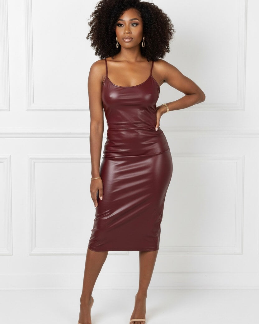 Melanin Goddess Burgundy Leather Dress