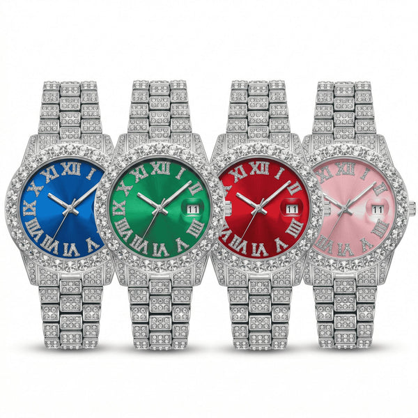 Four buss down watches with colorful faces and diamond-studded cases on a white background