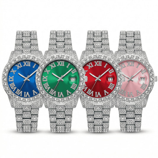Four buss down watches with colorful faces and diamond-studded cases on a white background