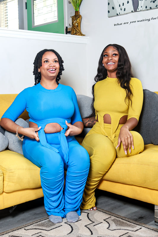 It’s Giving 2 pc ruched tie up pant set - Blue, Yellow