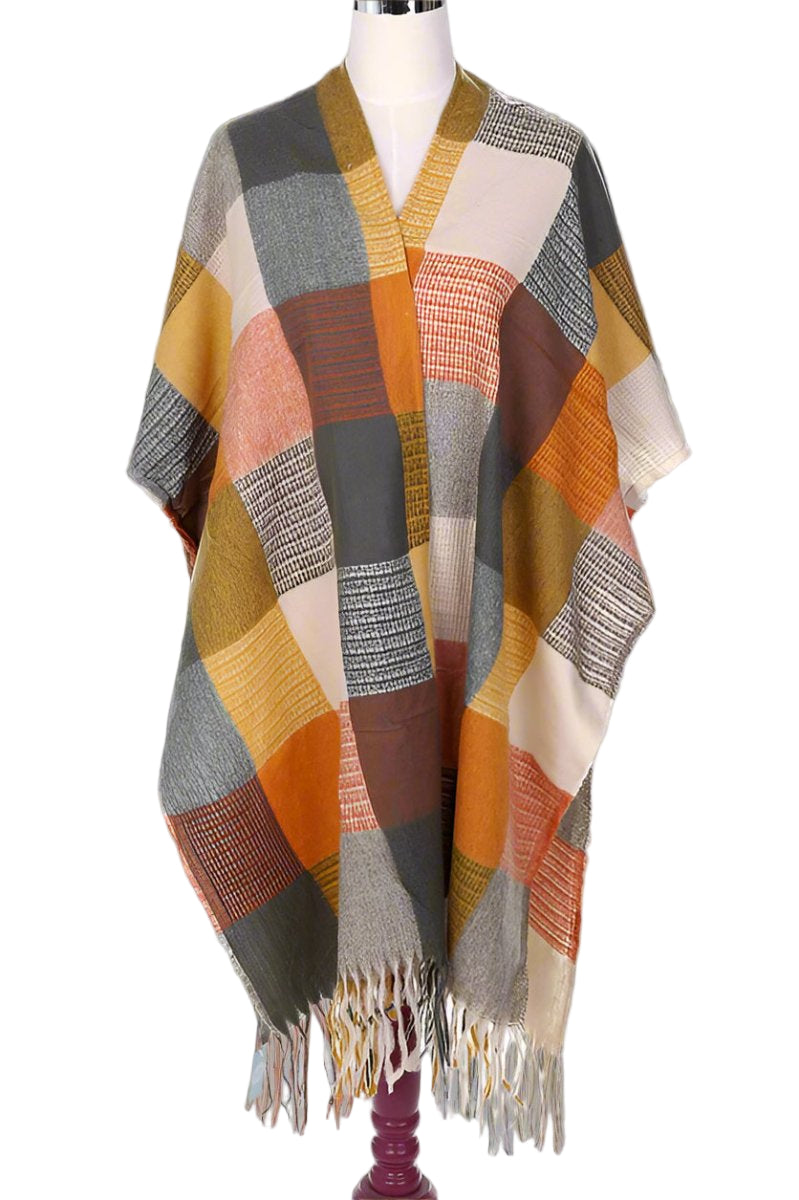 Fringe Frenzy Multicolor Plaid Kimono (Small to 3X) Orange and Burgundy - Ikonik Idoll
