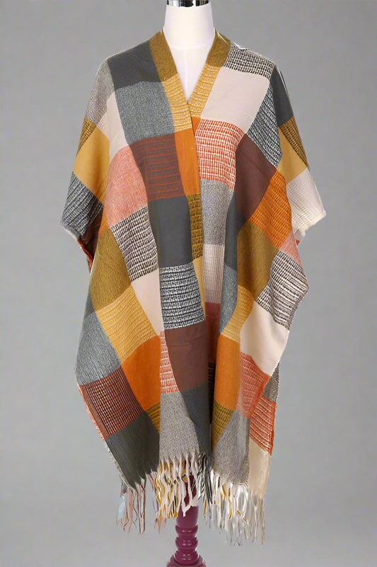 Fringe Frenzy Multicolor Plaid Kimono (Small to 3X) Orange and Burgundy - Ikonik Idoll