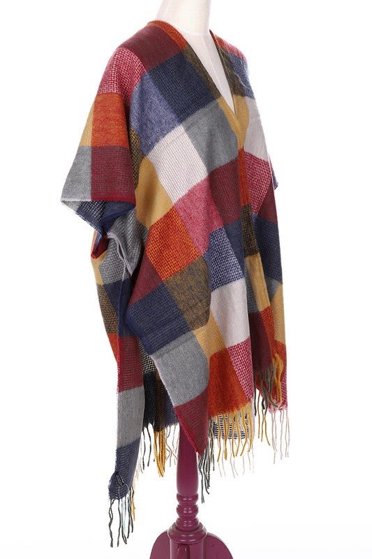 Fringe Frenzy Multicolor Plaid Kimono (Small to 3X) Orange and Burgundy - Ikonik Idoll