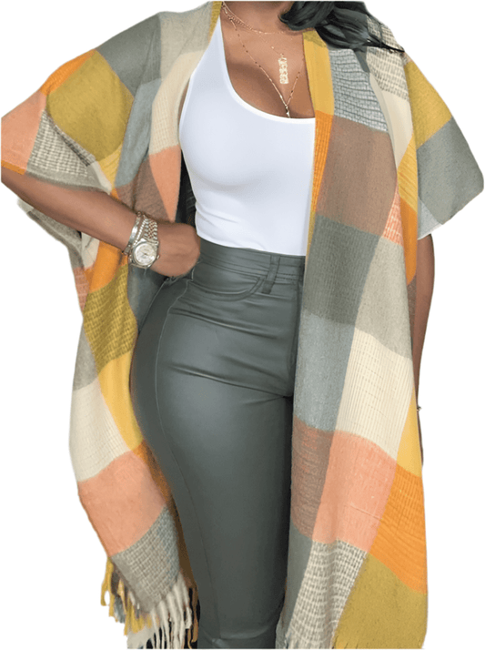 Fringe Frenzy Multicolor Plaid Kimono (Small to 3X) Orange and Burgundy - Ikonik Idoll