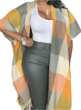 Fringe Frenzy Multicolor Plaid Kimono (Small to 3X) Orange and Burgundy - Ikonik Idoll