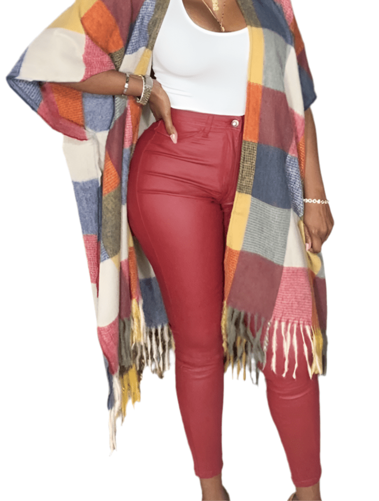 Fringe Frenzy Multicolor Plaid Kimono (Small to 3X) Orange and Burgundy - Ikonik Idoll