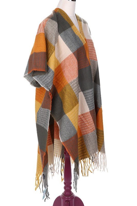 Fringe Frenzy Multicolor Plaid Kimono (Small to 3X) Orange and Burgundy - Ikonik Idoll
