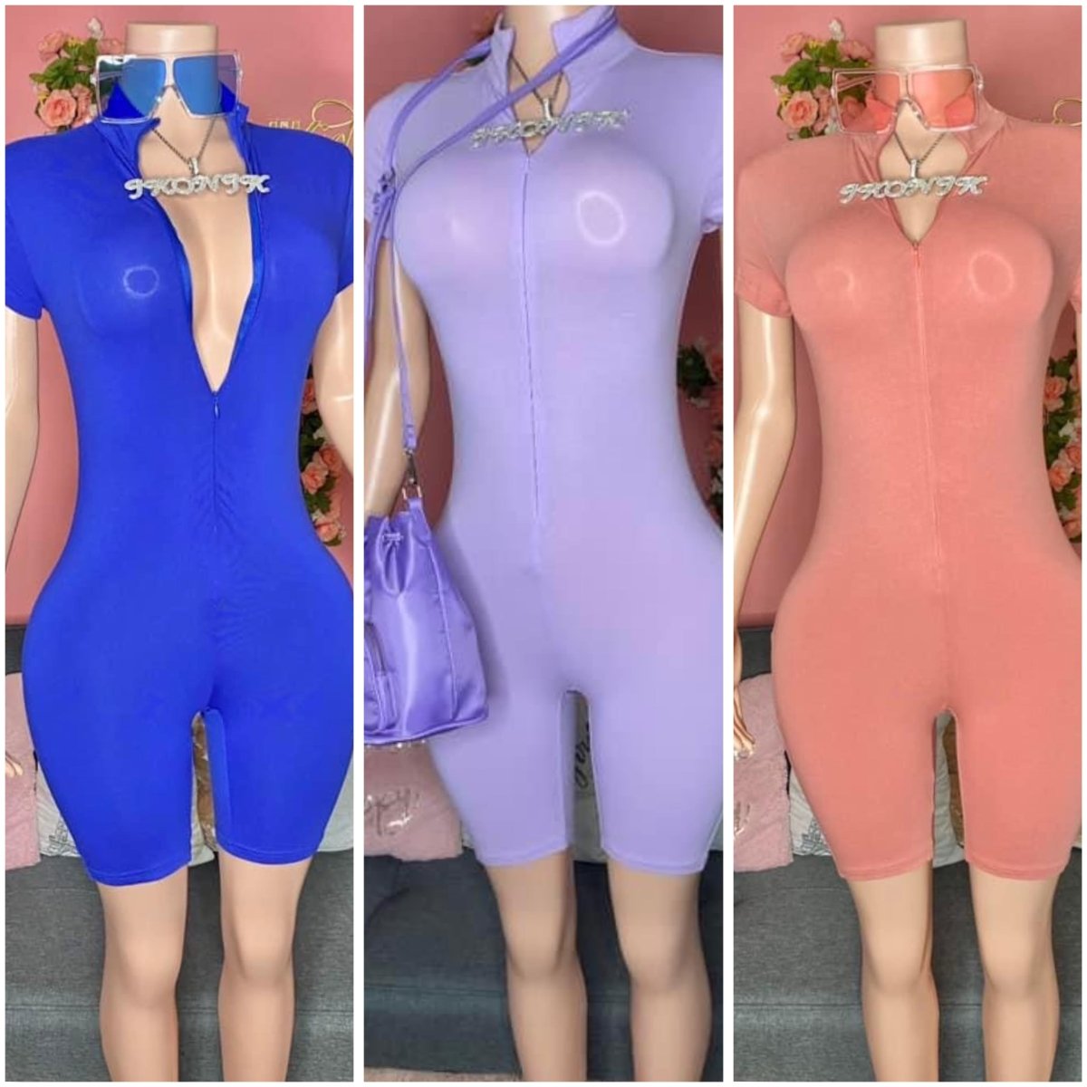 Three mannequins showing how to style a short-sleeve bodysuits in blue, purple, and pink with sunglasses, purse, and jewelry.