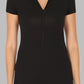Black short-sleeve romper with zipper up close view on a plain background