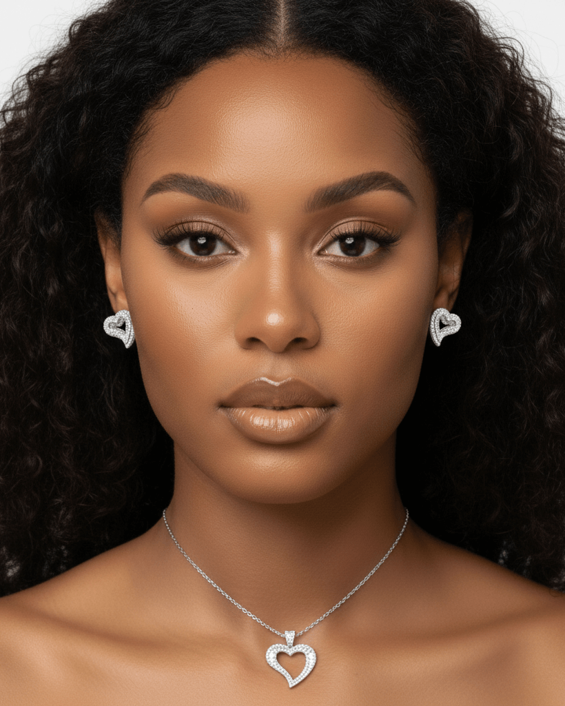 Woman wearing a silver heart-shaped necklace and earrings on a plain background