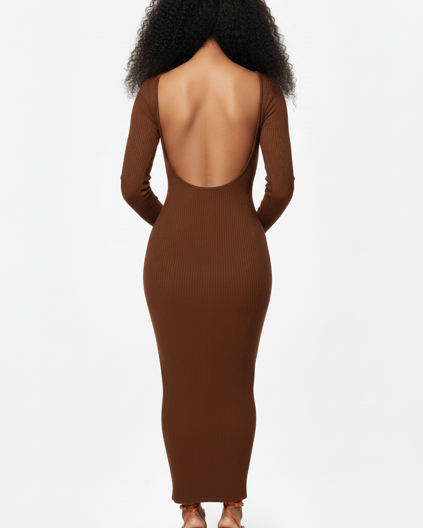 Brown long-sleeve dress with open back on a white background
