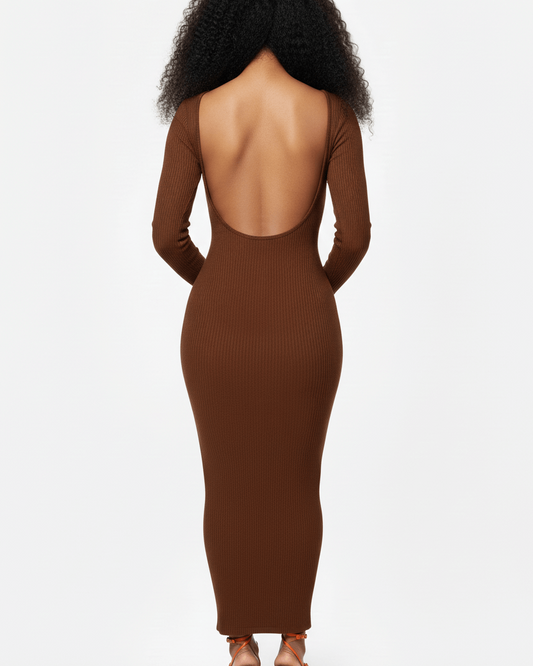 Brown long-sleeve dress with open back on a white background