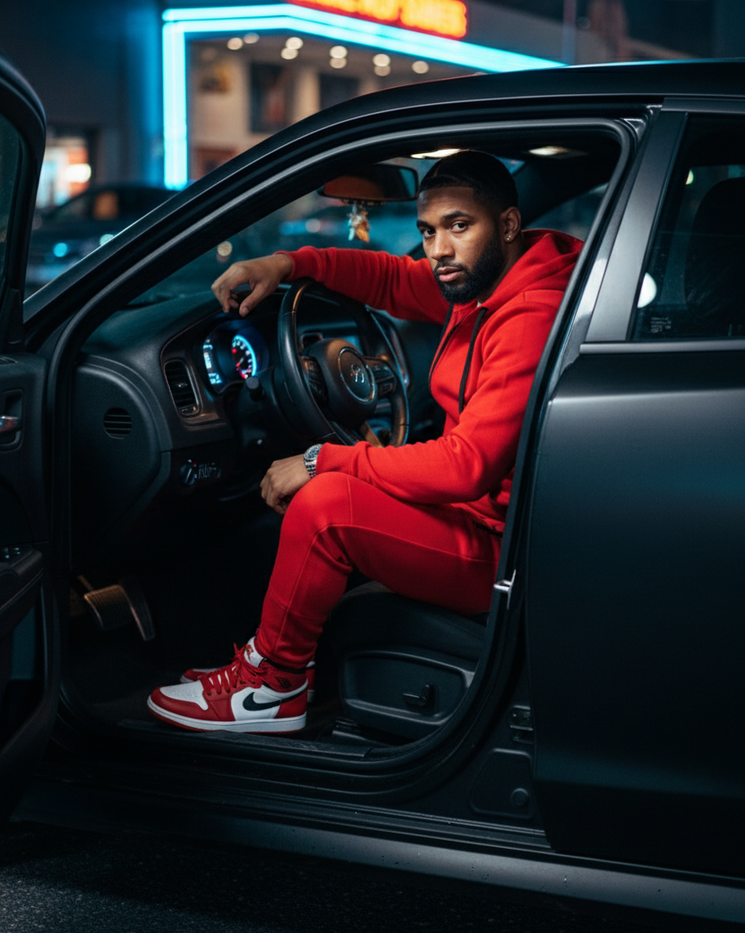 Red men’s tech fleece tracksuit styled with Jordan 1s, night lifestyle photo of black man sitting inside matte black Dodge Charger SRT.