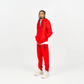Full-body studio photo of red men’s fleece set, premium streetwear fit for men.