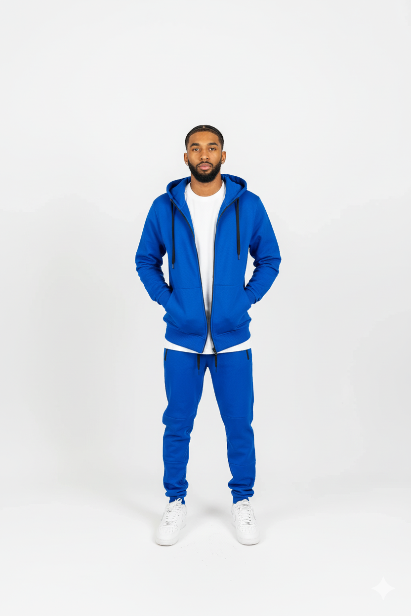 Close-up of royal blue men’s tech fleece hoodie showing drawstrings and premium fleece texture.