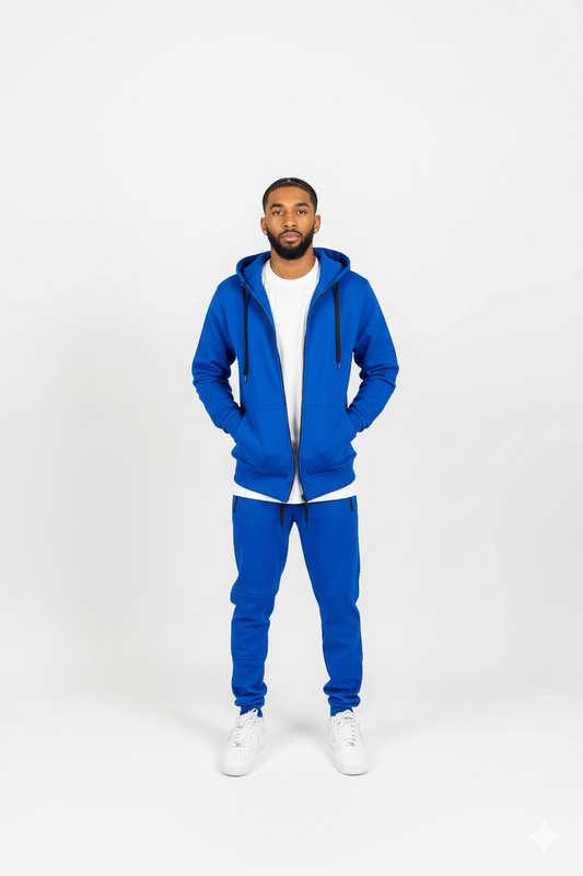 Close-up of royal blue men’s tech fleece hoodie showing drawstrings and premium fleece texture.