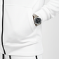 Close-up of white men’s fleece hoodie showing black drawstrings and premium fabric stitching with silver and black watch.