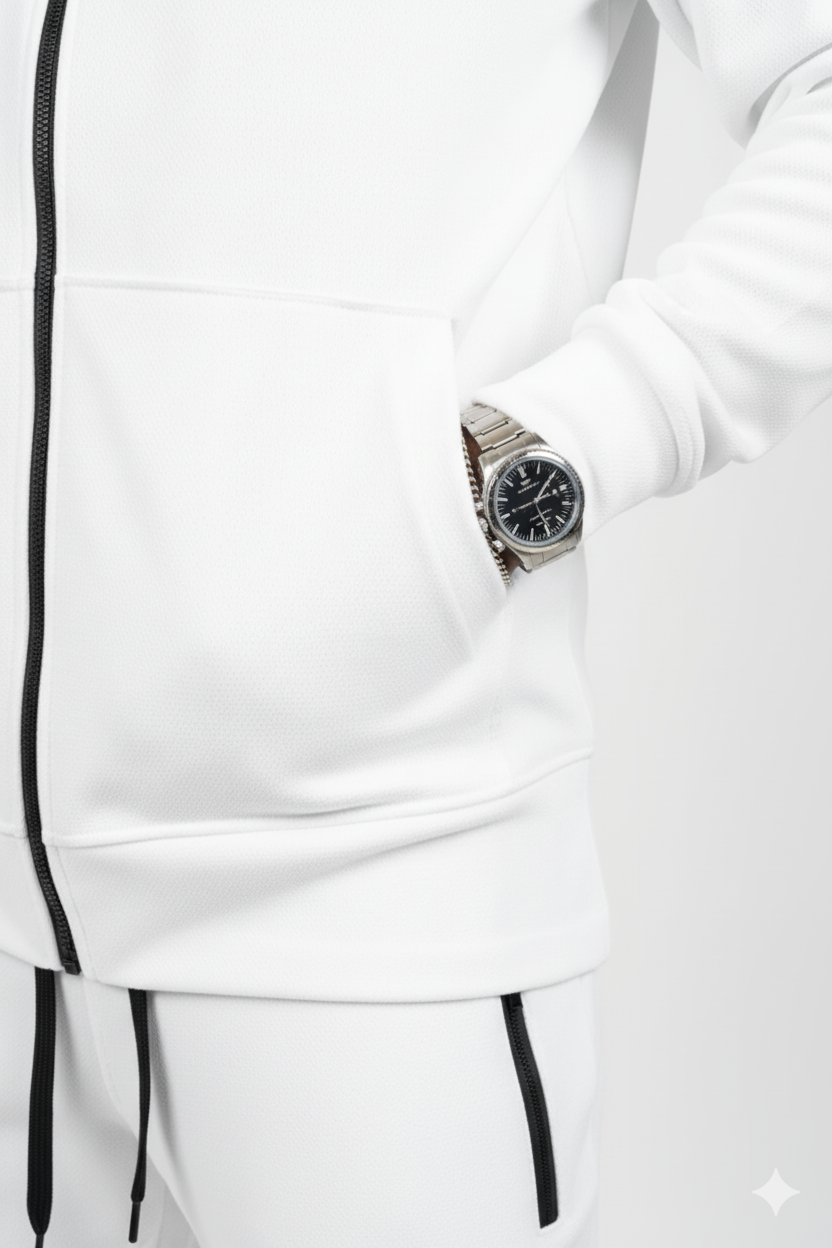 Close-up of white men’s fleece hoodie showing black drawstrings and premium fabric stitching with silver and black watch.