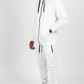 Front-facing studio photo of white men’s matching sweatsuit from Ikonik Kingz, clean luxury streetwear aesthetic.