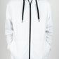 Close-up of white men’s fleece hoodie showing black drawstrings and premium fabric stitching.