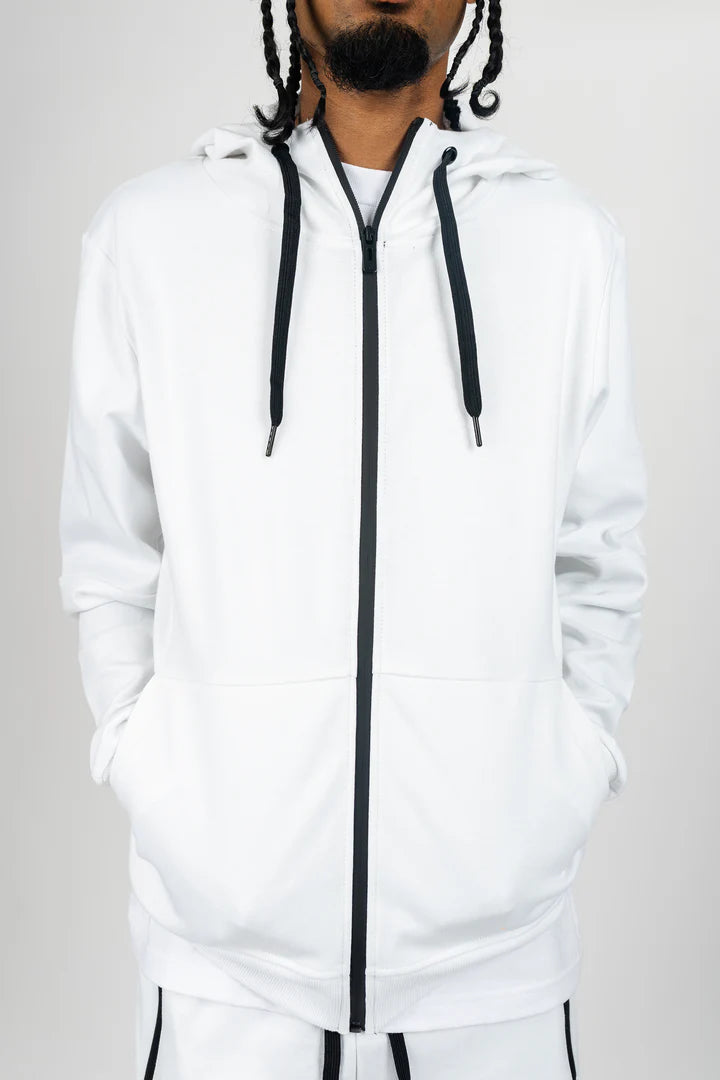 Close-up of white men’s fleece hoodie showing black drawstrings and premium fabric stitching.