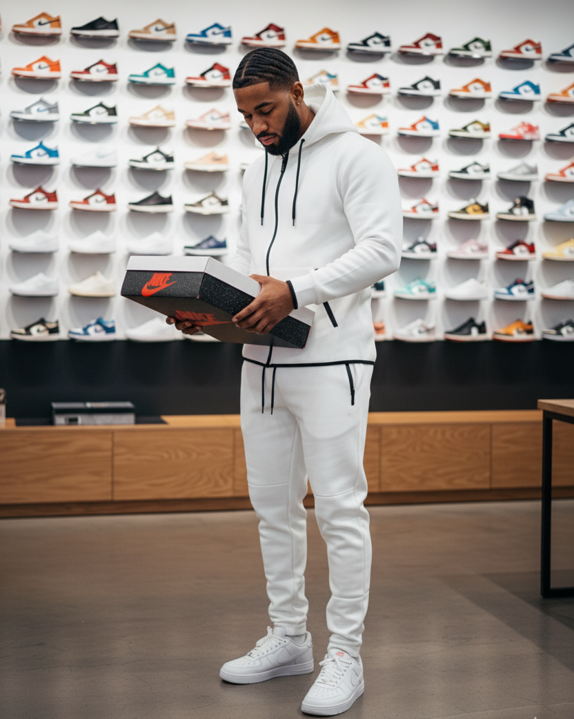 Foot Action newest jordan releases for men. Lifestyle photo of man in white tech fleece tracksuit styled with Jordans at the mall.