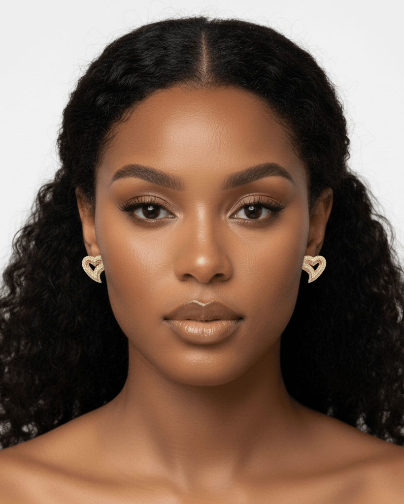 Woman with styled hair and earrings against a plain background