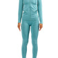 Model wearing a teal long-sleeve athletic set for spring, summer, fall