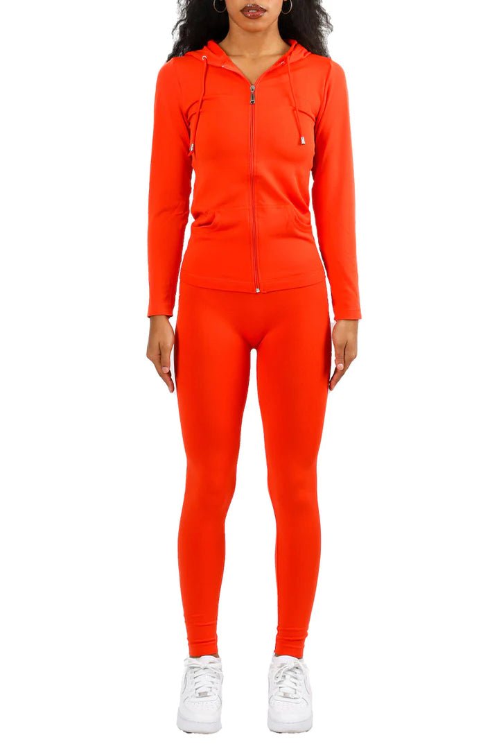 Model wearing an orange matching outfit for fall and spring