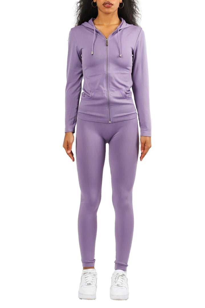 Casual purple outfit set for slim and curvy women featuring stretch leggings and fitted long sleeve top