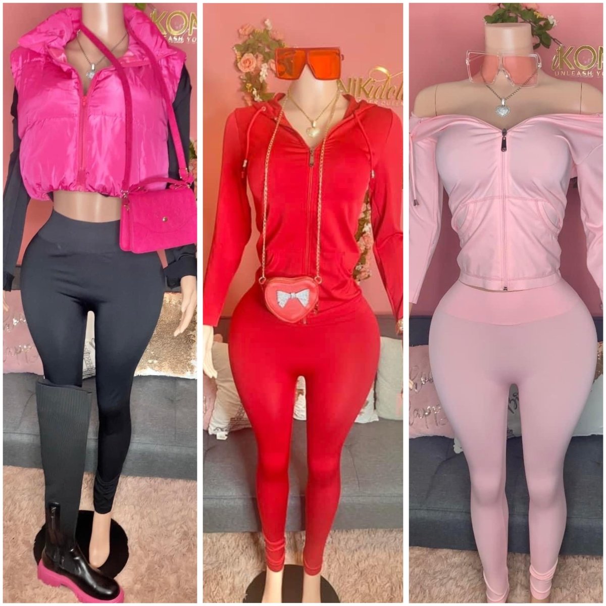 Three mannequins wearing black, red, and pink matching sets styled with cropped puffer vest, sunglasses, crossbody bags, and boots