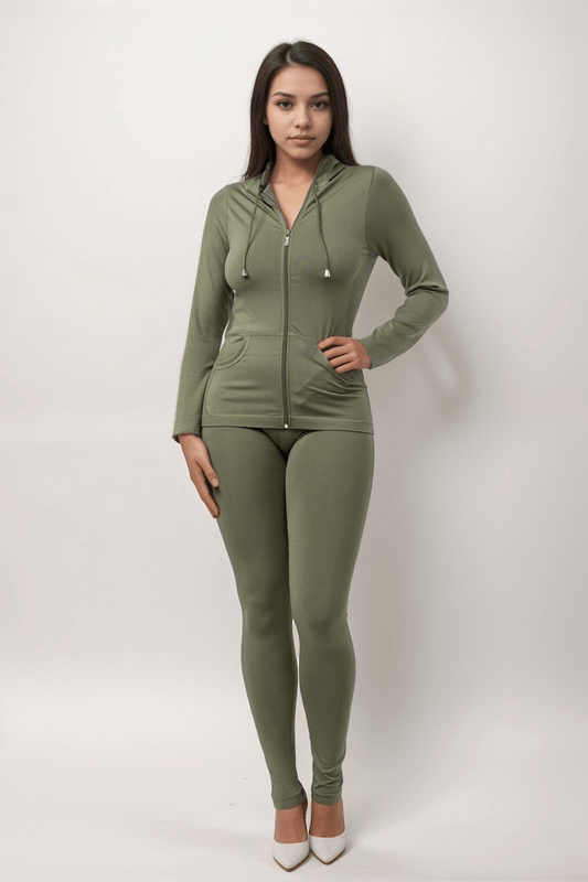 Olive green fall outift set on a plus-size model showing stretch fit and flattering waistline