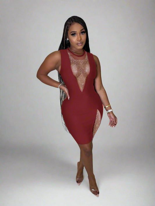 Made You Look Burgundy Rhinestone Dress MEDIUM - Ikonik Idoll