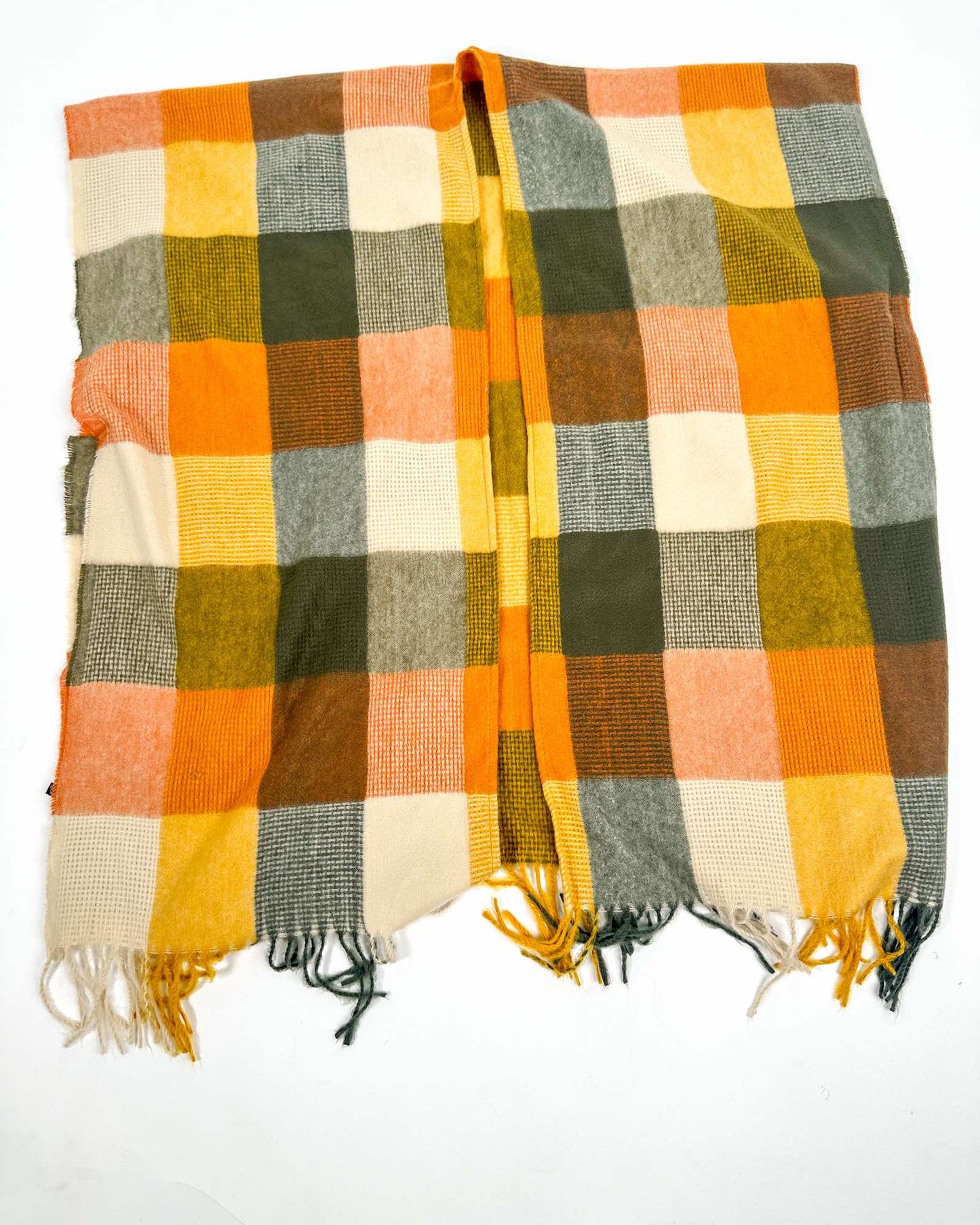 Fringe Frenzy Multicolor Plaid Kimono (Small to 3X) Orange and Burgundy
