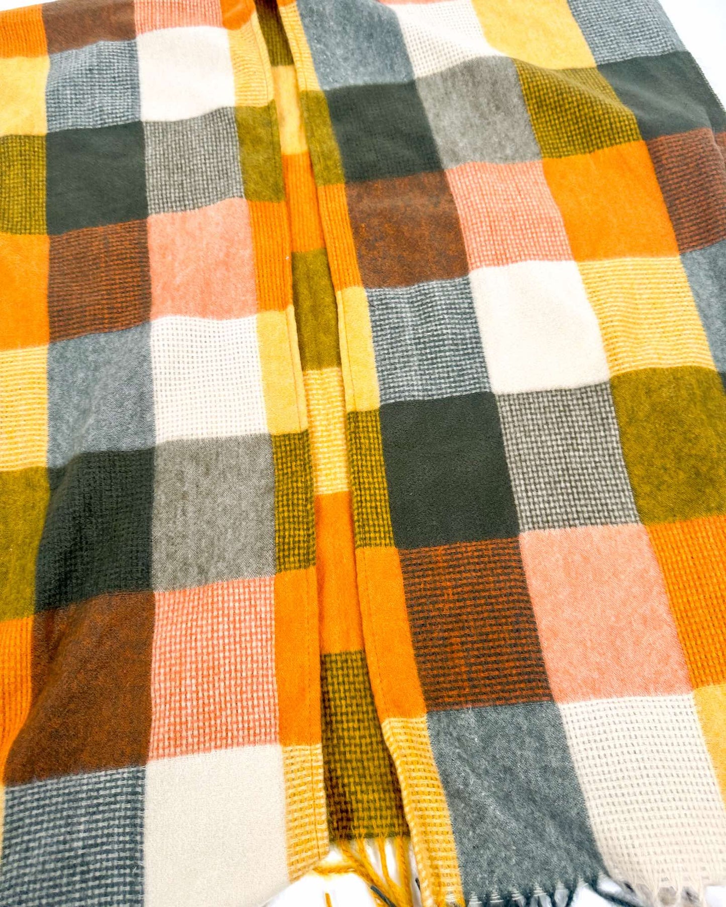Fringe Frenzy Multicolor Plaid Kimono (Small to 3X) Orange and Burgundy