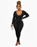 Ribbed Romance Black Jumpsuit with Belt Attachment