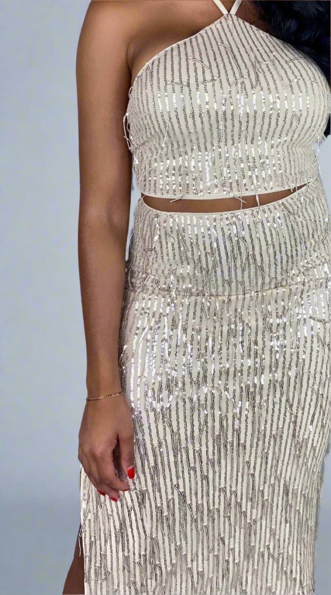 Showstopper Tan Gold Tinsel Skirt Set - Medium - Ikonik Idoll