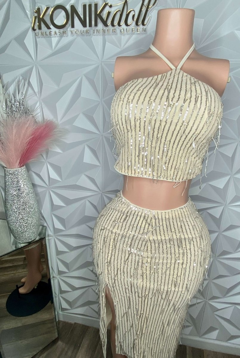 Showstopper Tan Gold Tinsel Skirt Set - Medium - Ikonik Idoll