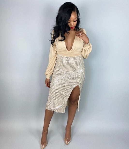Showstopper Tan Gold Tinsel Skirt Set - Medium - Ikonik Idoll