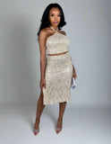 Showstopper Tan Gold Tinsel Skirt Set - Medium - Ikonik Idoll