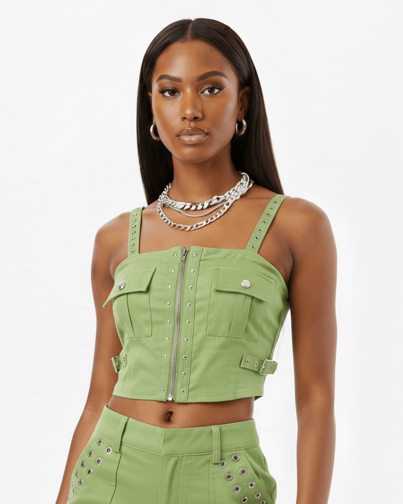 Woman wearing a green outfit and silver jewelry with a white background