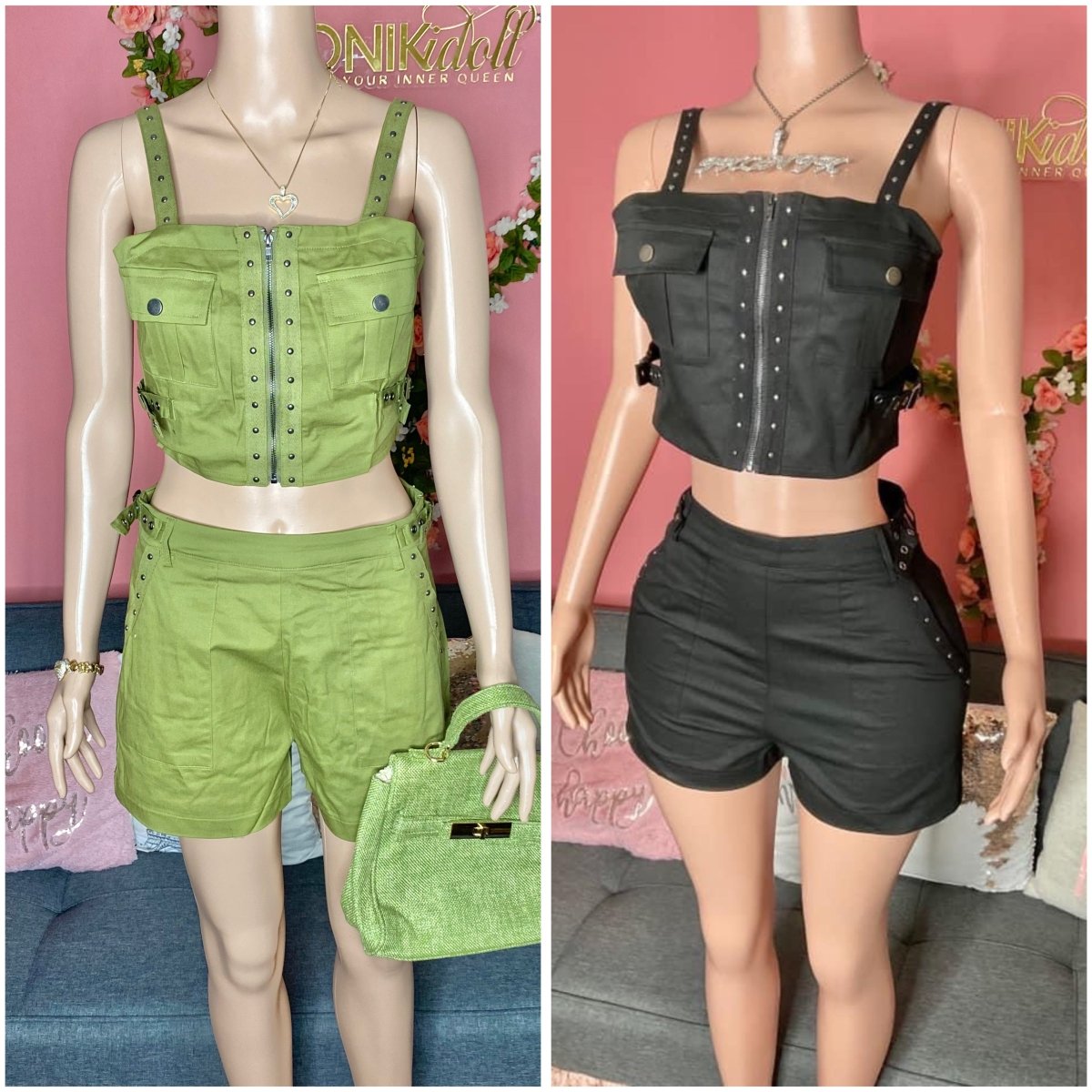 Topic of Conversation Corset Short Set - Black and Green - Ikonik Idoll