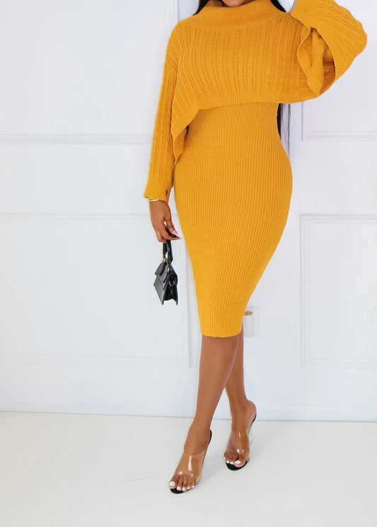 Very Demure 2 Pc Sweater Dress Set with Shawl - Yellow, Black, Pink, Gray - Ikonik Idoll