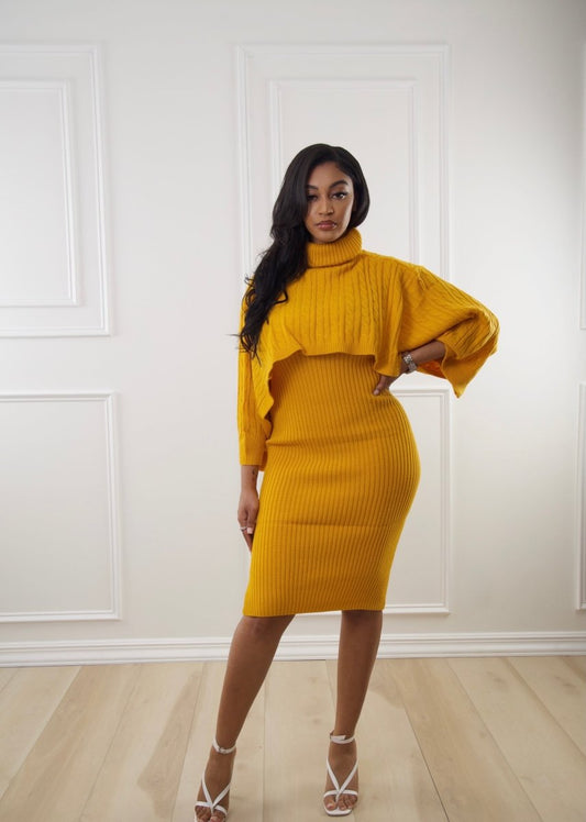 Very Demure 2 Pc Sweater Dress Set with Shawl - Yellow, Black, Pink, Gray - Ikonik Idoll