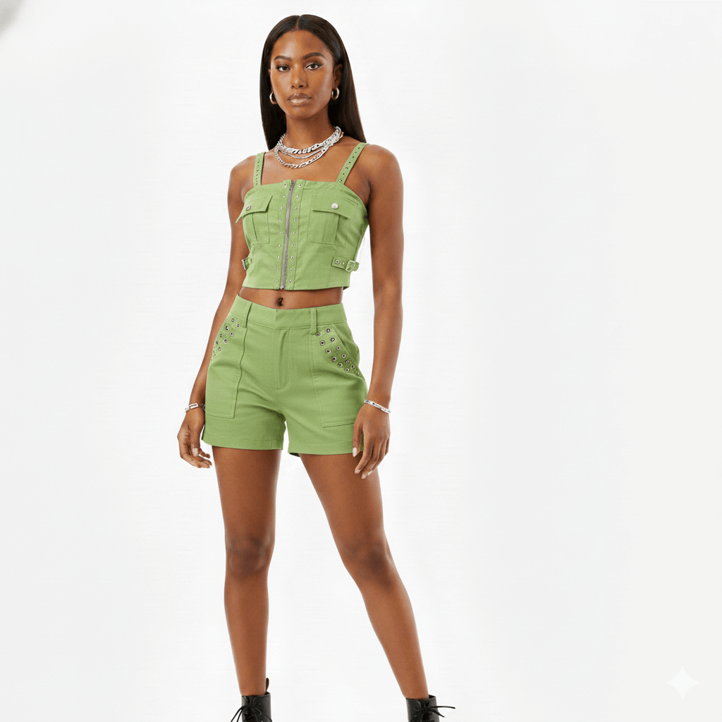 Woman wearing a green outfit on a white background