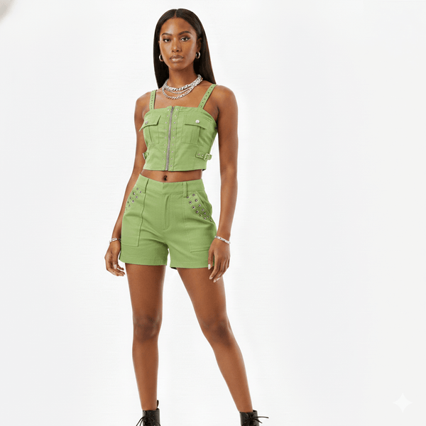 Woman wearing a green outfit on a white background