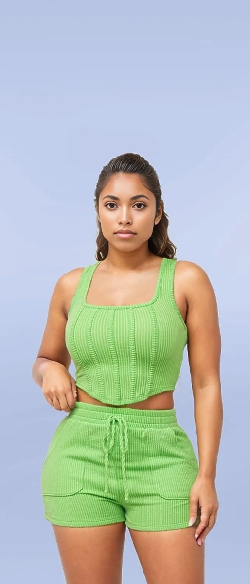 We Outside Tonight Neon Ribbed Corset Short Set Lime Green and Pink - Ikonik Idoll